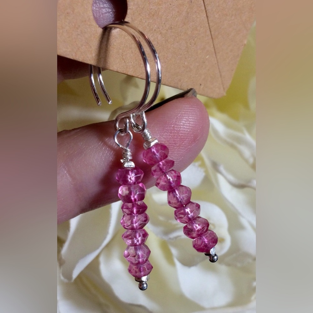Pink Topaz & Silver Earrings Faceted Linear Artisan Dangles